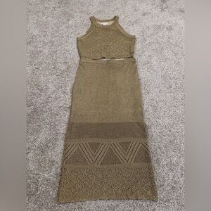 Brand New House of Harlow Gold Metallic Crochet Skirt Set SZ L